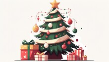 Christmas Tree With Presents. Vector Illustration In Cartoon Style On White Background.