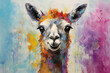 pink alpaca with pink flower. pink fluffy lama blowing bubblegum, colorful paintings, cartoon, wallpaper
