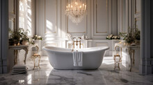 A Chic Bathroom With Marble Floors And A Freestanding Tub And Illuminated By A Crystal Chandelier
