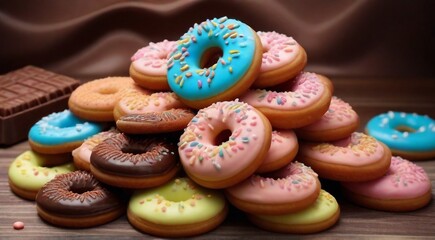 Wall Mural - delicious sweets on abstract background, sweets, chocoltae, donuts, sweet colored biscuits