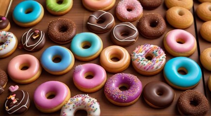 Wall Mural - delicious sweets on abstract background, sweets, chocoltae, donuts, sweet colored biscuits