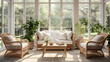 a bright sunroom with a wicker couch and two armchairs facing a window overlooking a garden