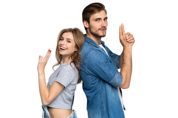 Wall Mural - Portrait of happy couple isolated on transparent background. Attractive man and woman being playful.