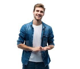 Wall Mural - Portrait of stylish, stunning man in denim outfit standing over transparent