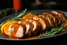 Pork Tenderloin With Apricots, Oranges And Rosemary On The Plate Close Up