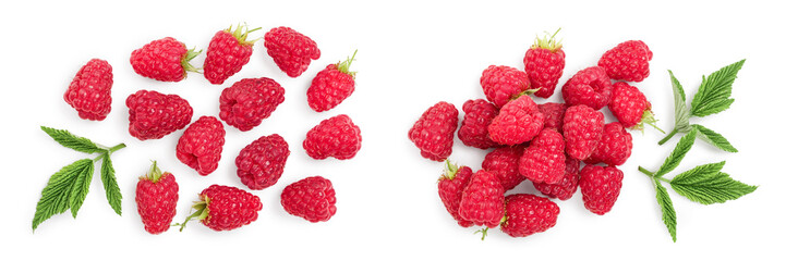 Wall Mural - raspberries with leaves isolated on white background. Top view. Flat lay
