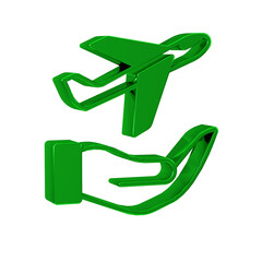 Sticker - Green Plane in hand icon isolated on transparent background. Flying airplane. Airliner insurance. Security, safety, protection, protect concept.