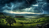 Fototapeta  - Thunderstruck Landscape: A landscape enveloped in the brilliance of a lightning storm, where each flash reveals intricate details of the terrain, creating a visually mesmerizing pa