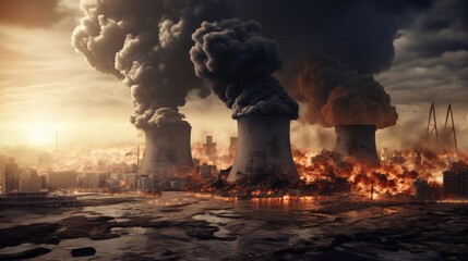 Nuclear power plants depicted with billowing smoke, associated with concerns of global warming and the energy crisis. This 3D rendering offers an artist's impression leading to a decline in fossil fue