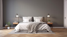A Bedroom With A Gray Wall And A Wooden Floor And A Double Bed And A White Bedspread And Two Nightstands