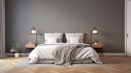 a bedroom with a gray wall and a wooden floor and a double bed and a white bedspread and two nightstands