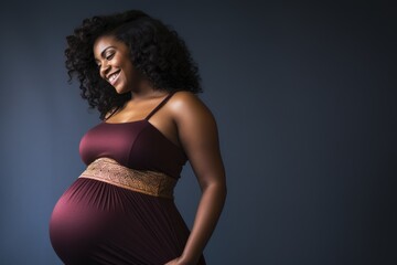 Black mom celebrating her pregnancy body in a studio. Femininity concept.