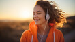 A beautiful woman with headphones getting ready to run at sunrise. Generative AI
