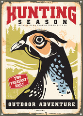 Pheasant hunting season vintage sign template. Wild birds and animals retro poster design. Vector illustration.