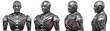 Futuristic robot man or very detailed humanoid cyborg. Collage or set of four different angles of the upper body. Isolated on transparent background. 3d rendering