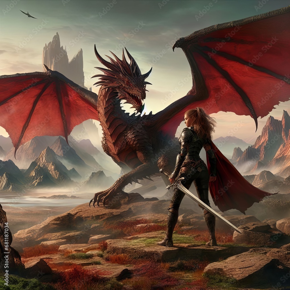 Fantasy illustration of a woman knight with sword confronting a red ...