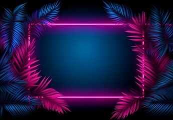 Sticker - illuminated pink neon frame with tropical palm leaves