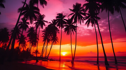 Wall Mural - Beautiful colorful sunset on tropical ocean beach with coconut palm trees silhouettes