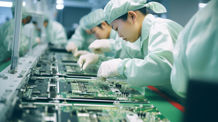 Wall Mural - Shot of an electronics factory workers assembling circuit boards by hand while it stands on the assembly line. 
