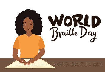 Sticker - World Braille Day banner with blind African woman reads Braille book.  Handwriting text banner for World Braille Day in flat style. Hand drawn vector art.