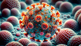 Fototapeta  - virus microscopic view of floating influenza with virus cells. Viruses and pathogens in a viral epidemic infection. Generative Ai