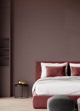 Deep Dark Master Bedroom With Big Burgundy Red Bed. Mix Colors - Maroon, Black, Grey And Brown. Empty Painted Accent Wall. Luxury Room Design Home Or Hotel. 3d Rendering