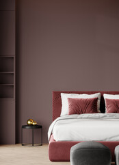 Deep dark master bedroom with big burgundy red bed. Mix colors - maroon, black, grey and brown. Empty painted accent wall. Luxury room design home or hotel. 3d rendering