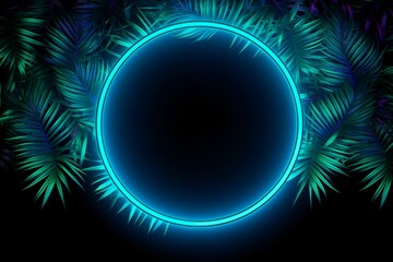 Wall Mural - green and blue neon circle bright light with tropical leaves