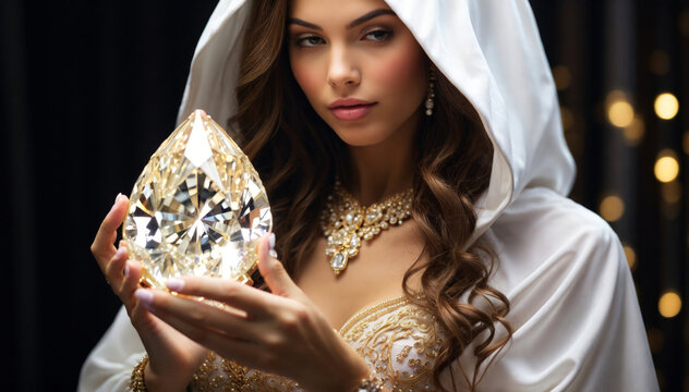 a beauty with jewelry and a huge diamond in her hands.