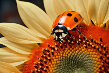 A ladybug crawling on the rim of a sunflower.