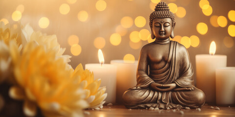 Wall Mural - buddha statue meditate with golden aura on yellow lotus background with light bokeh. banner vesak da