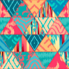 Leinwandbilder - Quilting design patchwork pattern in traditional ikat style. Vector pattern.