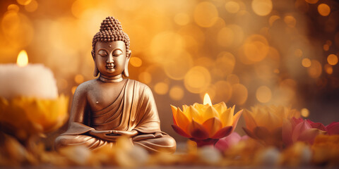 Wall Mural - buddha statue meditate with golden aura on yellow lotus background with light bokeh. banner vesak da