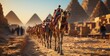 Camels caravan. Panorama Illustration. Pyramids in the background. Image for a post card or a web design ad, poster, flyer, banner, wallpaper background.