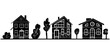 Domestic home and trees hand carved linocut vector set. Collection of folk art style rural houses and woodland clip art.