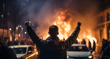 Wall Mural - Concept protesters riot people. Back view Aggressive man without face in hood against backdrop of protests and burning cars