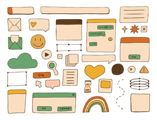 Retro pc elements, user interface, operating system, windows, icons in trendy retro style, modern stickers. old computer ui elements dialog boxes vector set. Illustration 90s. Vector illustration