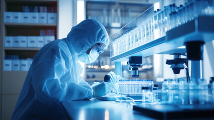 A researcher in a protective mask working in a laboratory of a research institute. Creation of innovative medicines and vaccines. Laboratory concept.