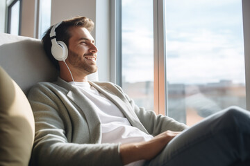 A man enjoying music with a headphones at the window