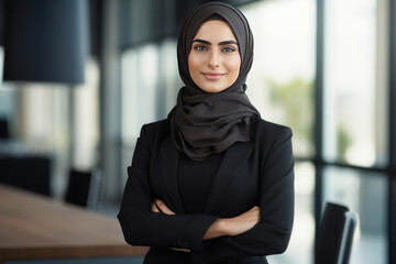 A young confident arabian asian muslim woman in abaya hijab with hands crossed folded in a modern office.