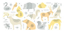 Cute Animals And Birds With Scandinavian Pattern Vector Illustration Isolated Set On White