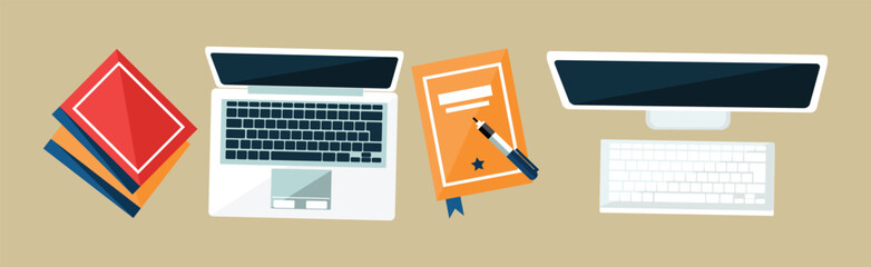 Sticker - Desktop with Computer, Laptop and Notepad Vector Set