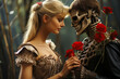 Human skeleton with red rose and flirtatious blonde girl.