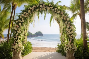 Canvas Print - tropical boho wedding arch decoration for a wedding ceremony celebration: green plants and bright red flowers. Bali feeling