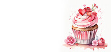 Watercolor Illustration, Romantic Desserts And Sweets, Cupcake Decorated With Pink Cream And Hearts, Valentines Day, Banner, Place For Text