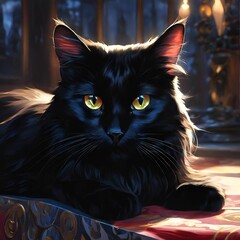 Wall Mural - AI generated illustration of a beautiful black feline lying on the floor