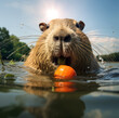 capybara eats carrots in the water