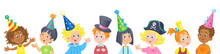 Eight Happy Children Of Different Nationalities In Festive Hats Are Talking. Banner In Cartoon Style. Isolated On White Background. Vector Flat Illustration.