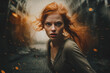 woman with fiery red hair in motion, her intense gaze and windswept locks capturing a sense of urgency amidst a blurred cityscape.