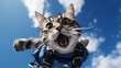 sky diver cat jumping trough the sky with scary expression. funny cat flying. generative ai